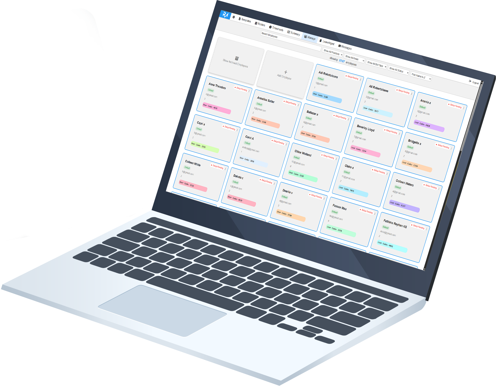 RosterMate employee rostering software laptop view with shift scheduling features