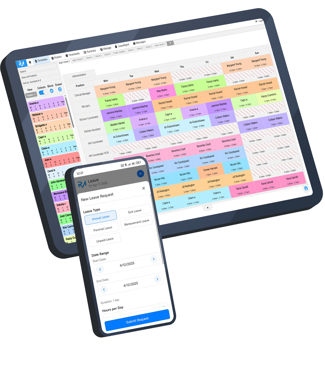 RosterMate workforce management software tablet interface showing staff scheduling dashboard