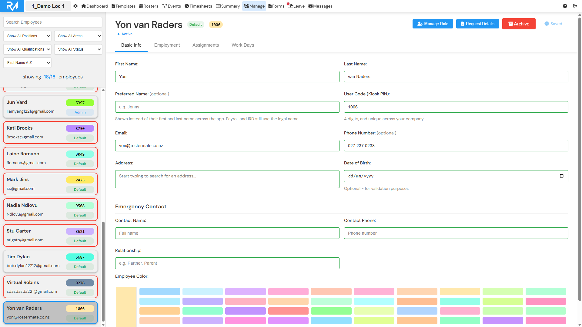 RosterMates workforce management screen showing employee profiles and team management tools