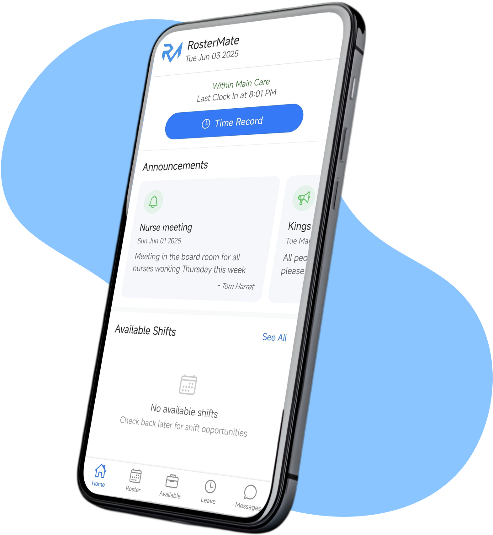 RosterMate mobile workforce management app showing staff roster, time tracking, and team messaging